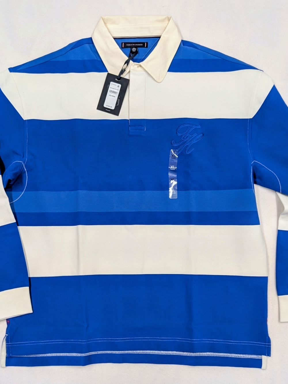 Tommy Hilfiger Men's Rugby Shirt Blue White Striped Long Sleeve Embroidered Logo
